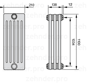 Схема (чертеж) Радиатор Zehnder Charleston 6110/3 №7610 Белый глянцевый RAL 9016